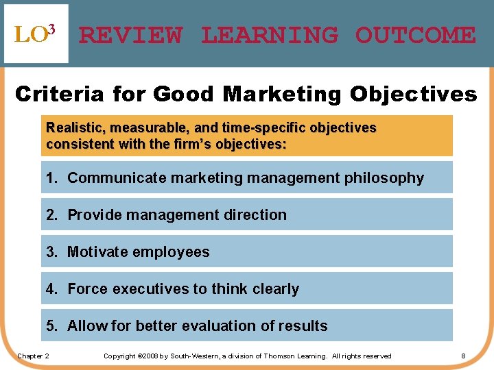 LO 3 REVIEW LEARNING OUTCOME Criteria for Good Marketing Objectives Realistic, measurable, and time-specific