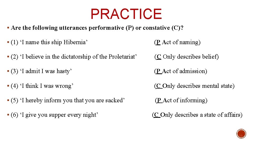 PRACTICE § Are the following utterances performative (P) or constative (C)? § (1) ‘I