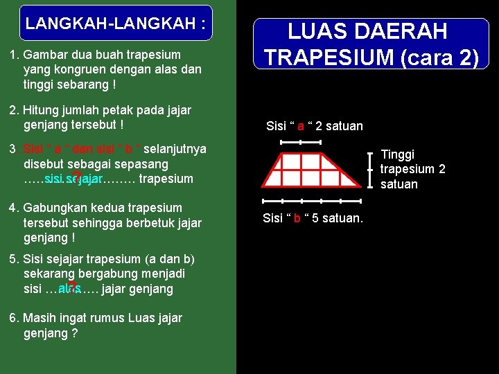 LANGKAH-LANGKAH : 1. Gambar dua buah trapesium yang kongruen dengan alas dan tinggi sebarang