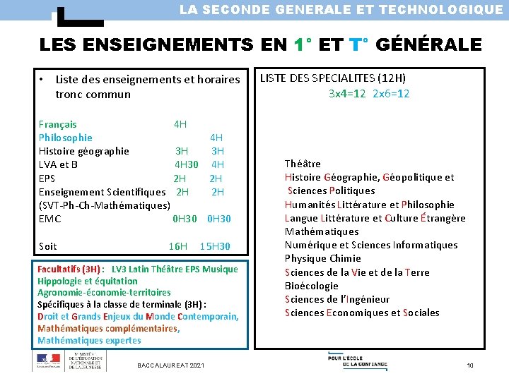 LA SECONDE GENERALE ET TECHNOLOGIQUE LES ENSEIGNEMENTS EN 1° ET T° GÉNÉRALE • Liste
