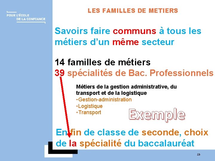 LES FAMILLES DE METIERS Savoirs faire communs à tous les métiers d’un même secteur