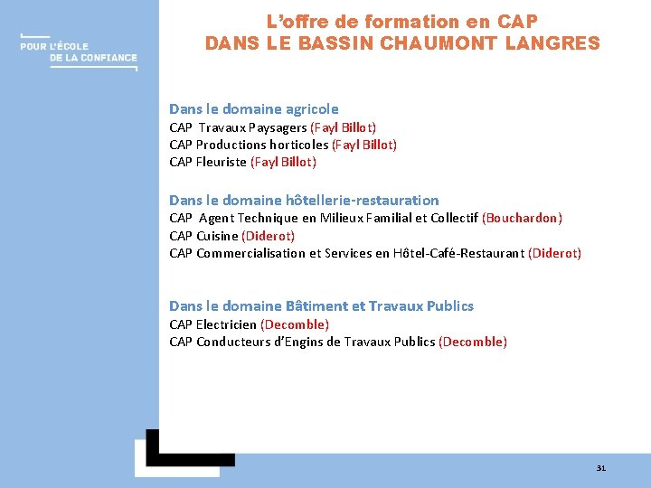 L’offre de formation en CAP DANS LE BASSIN CHAUMONT LANGRES Dans le domaine agricole