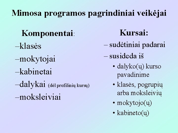Mimosa programos pagrindiniai veikėjai Komponentai: –klasės –mokytojai –kabinetai –dalykai (dėl profilinių kursų) –moksleiviai Kursai: