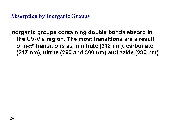 Absorption by Inorganic Groups Inorganic groups containing double bonds absorb in the UV-Vis region.