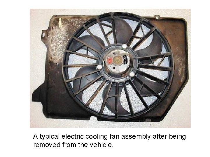 A typical electric cooling fan assembly after being removed from the vehicle. 