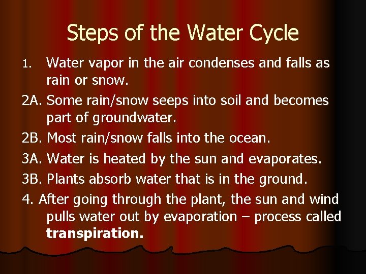 Steps of the Water Cycle Water vapor in the air condenses and falls as