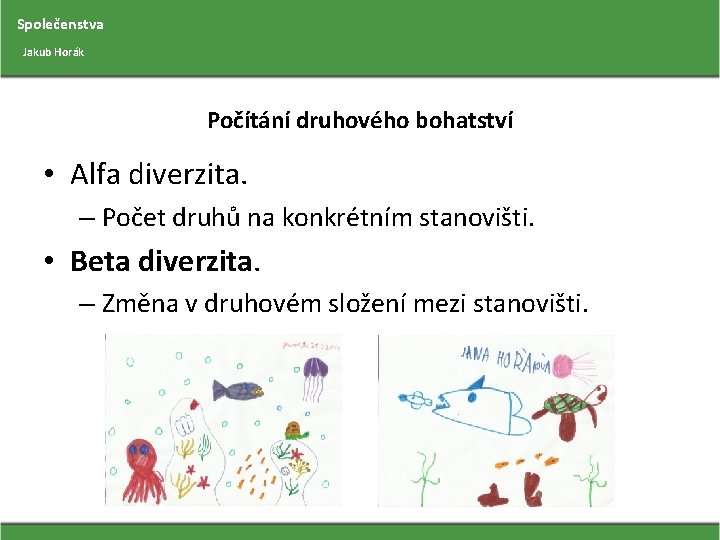 Společenstva Jakub Horák Počítání druhového bohatství • Alfa diverzita. – Počet druhů na konkrétním