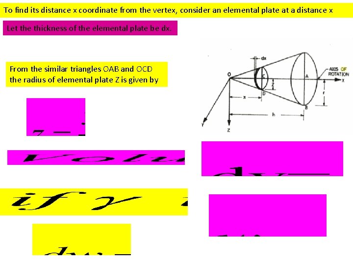 To find its distance x coordinate from the vertex, consider an elemental plate at
