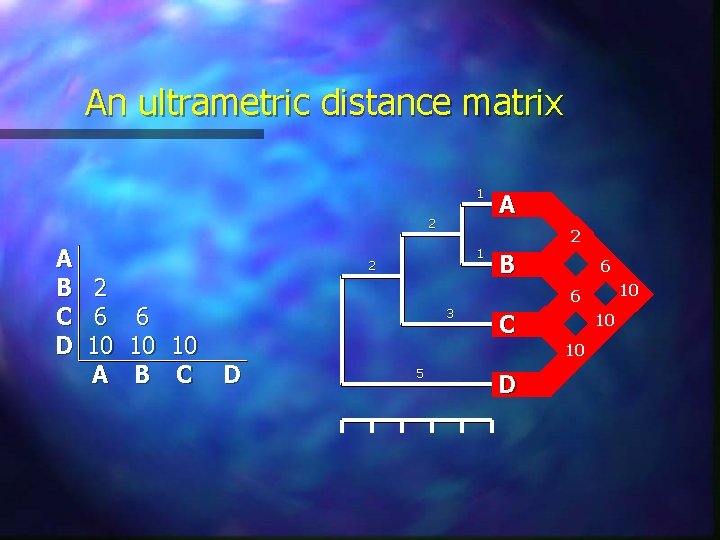 An ultrametric distance matrix 1 2 A B 2 C 6 6 D 10 An ultrametric distance matrix 1 2 A B 2 C 6 6 D 10