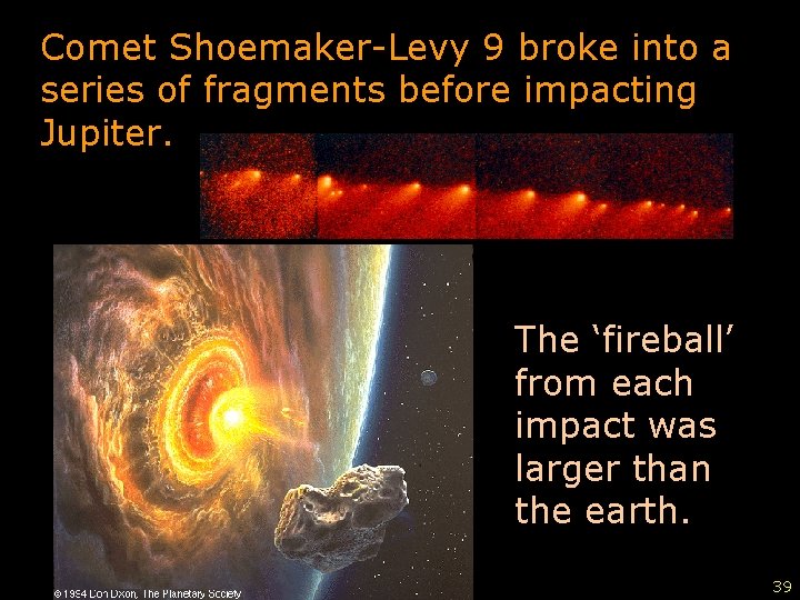 Comet Shoemaker-Levy 9 broke into a series of fragments before impacting Jupiter. The ‘fireball’