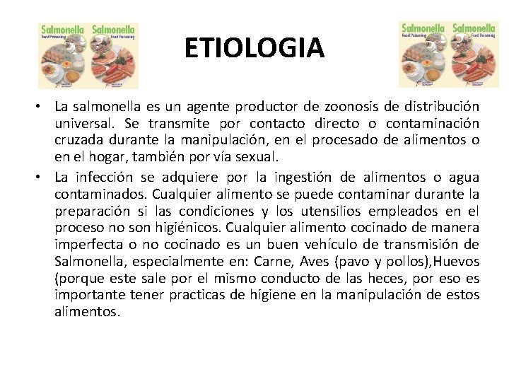 ETIOLOGIA • La salmonella es un agente productor de zoonosis de distribución universal. Se
