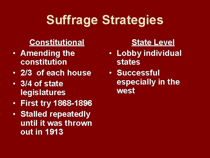Suffrage Strategies • • • Constitutional Amending the constitution 2/3 of each house 3/4
