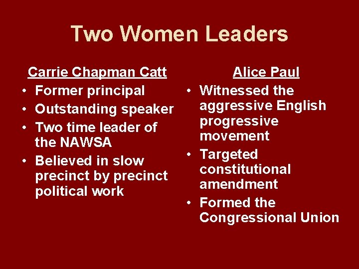 Two Women Leaders Carrie Chapman Catt Alice Paul • Former principal • Witnessed the