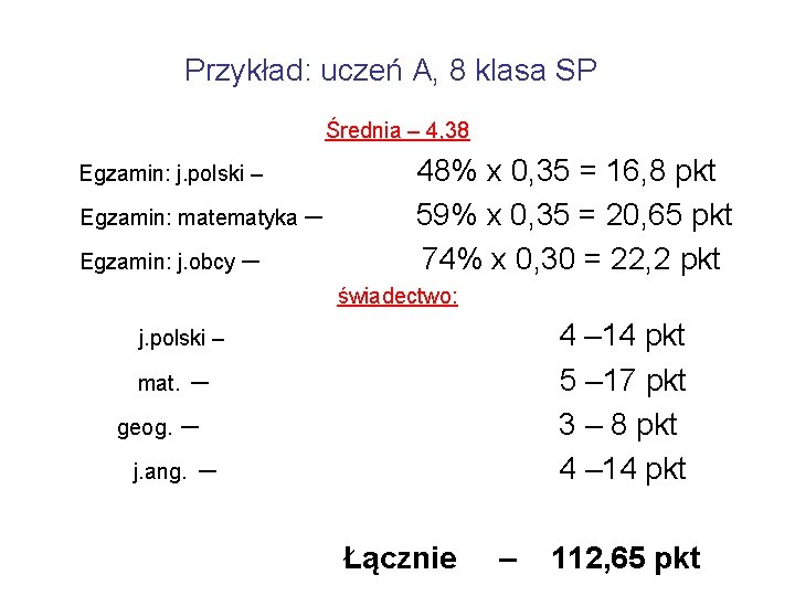 Przykład: uczeń A, 8 klasa SP Średnia – 4, 38 Egzamin: j. polski –