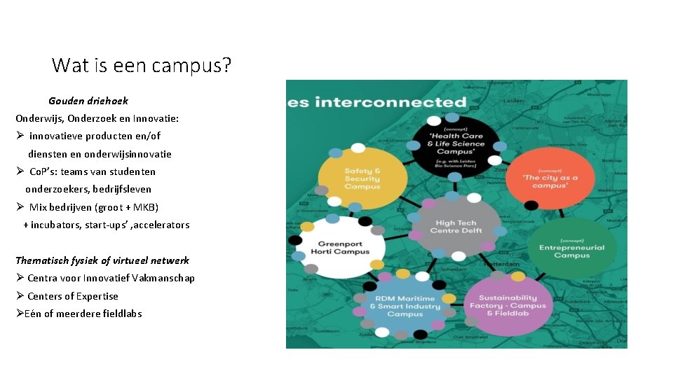 Wat is een campus? Gouden driehoek Onderwijs, Onderzoek en Innovatie: Ø innovatieve producten en/of