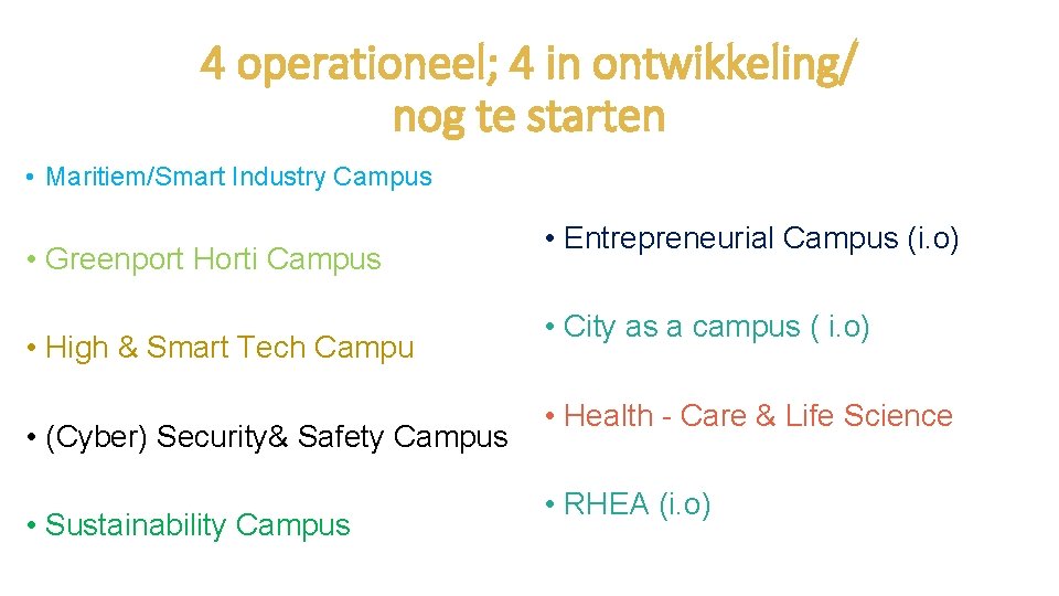 4 operationeel; 4 in ontwikkeling/ nog te starten • Maritiem/Smart Industry Campus • Greenport