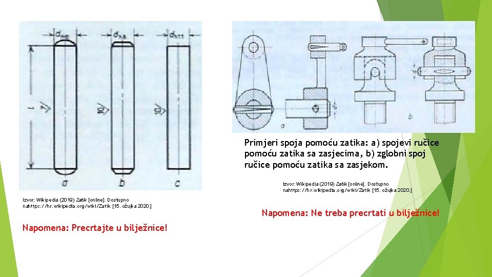 Primjeri spoja pomoću zatika: a) spojevi ručice pomoću zatika sa zasjecima, b) zglobni spoj