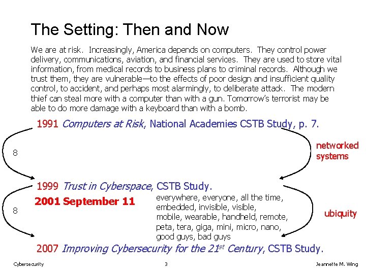 The Setting: Then and Now We are at risk. Increasingly, America depends on computers.