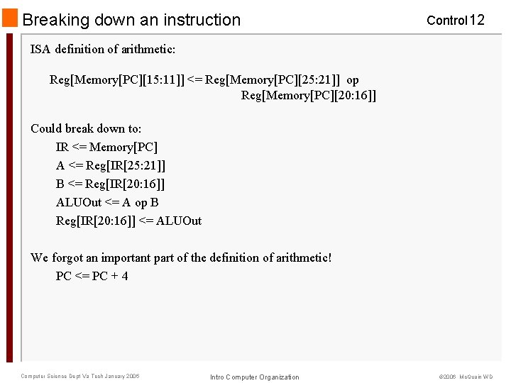 Breaking down an instruction Control 12 ISA definition of arithmetic: Reg[Memory[PC][15: 11]] <= Reg[Memory[PC][25: