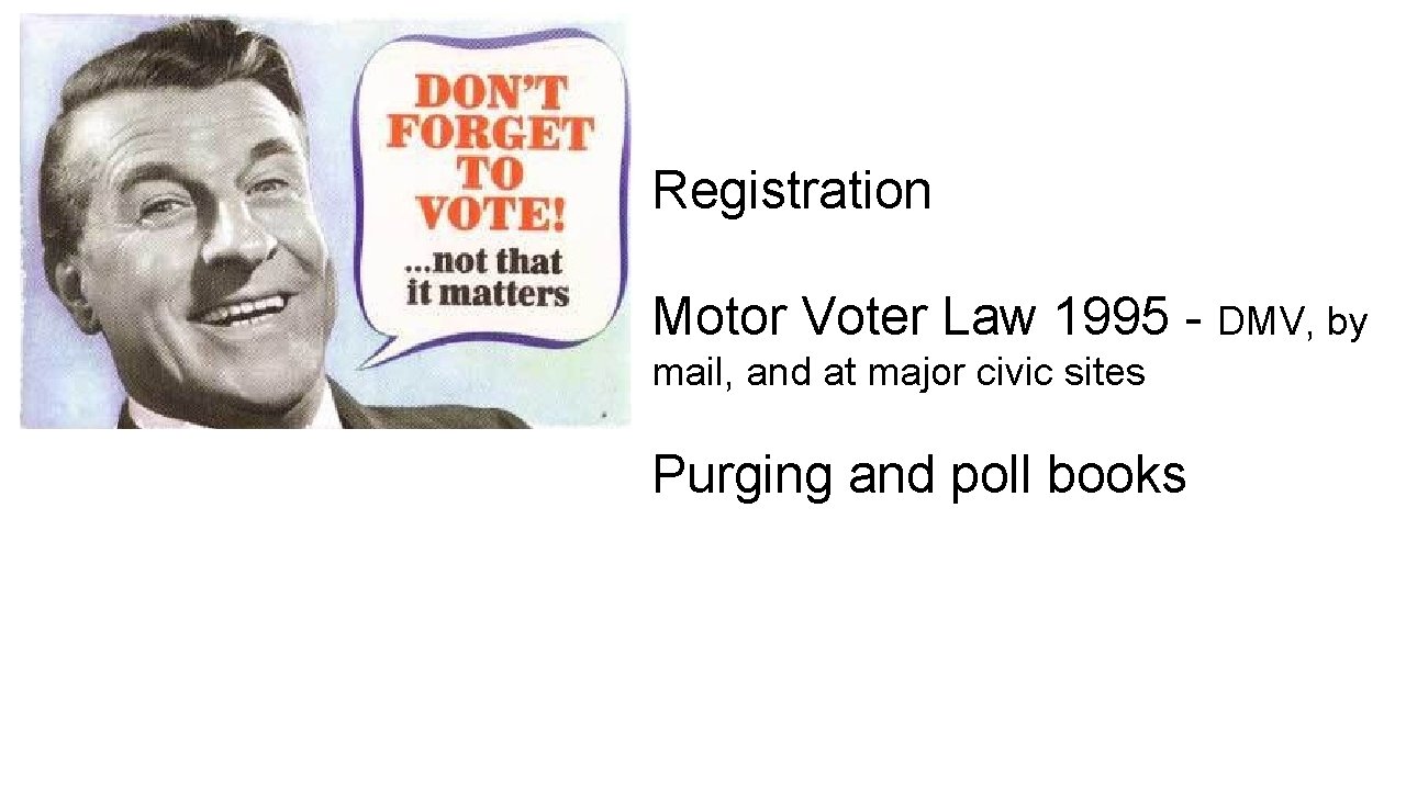 Registration Motor Voter Law 1995 - DMV, by mail, and at major civic sites