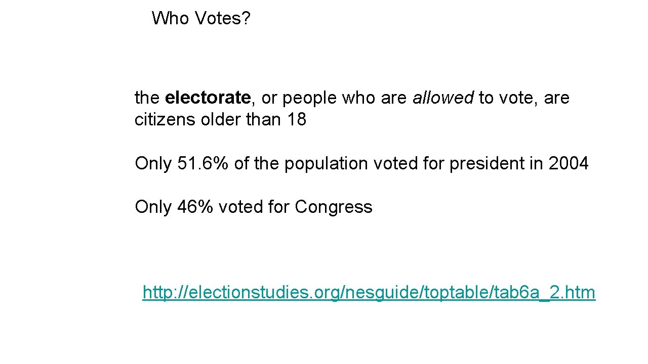 Who Votes? the electorate, or people who are allowed to vote, are citizens older