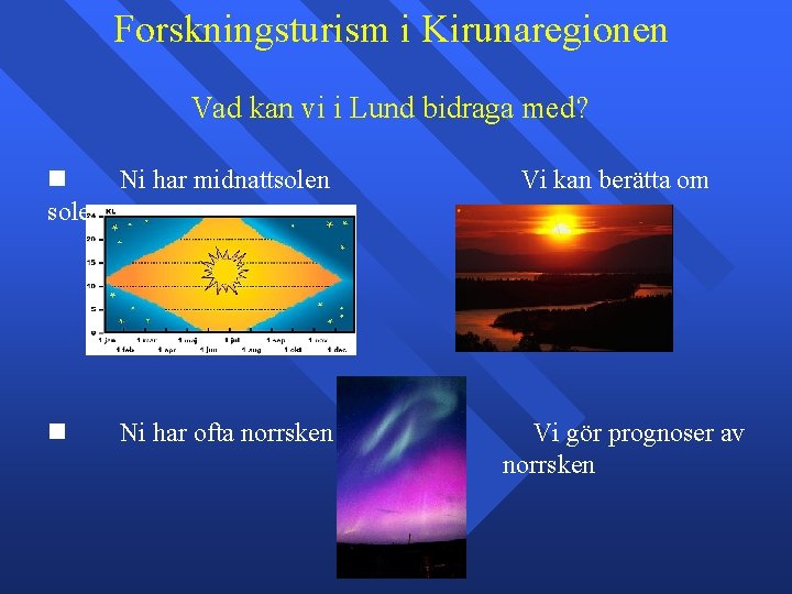 Forskningsturism i Kirunaregionen Vad kan vi i Lund bidraga med? n Ni har midnattsolen