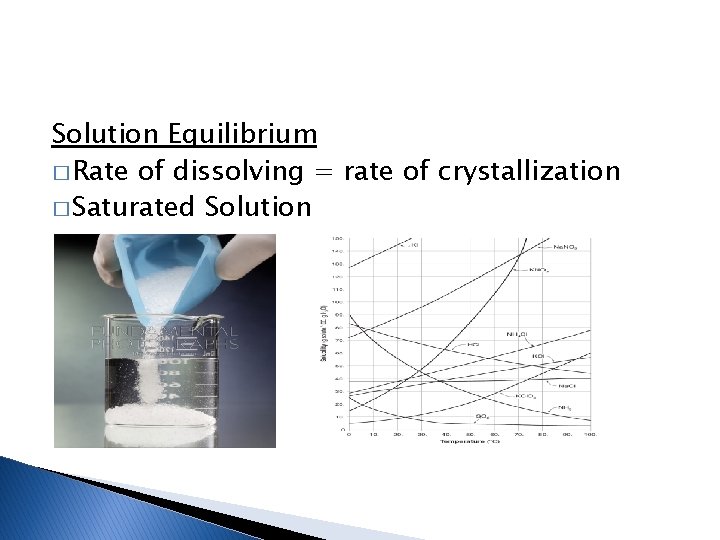 Solution Equilibrium � Rate of dissolving = rate of crystallization � Saturated Solution 