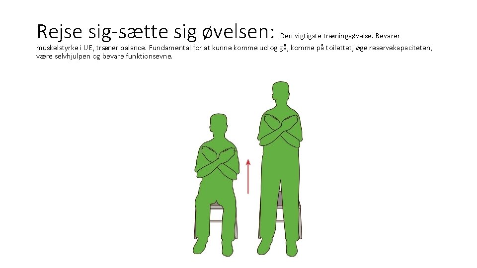 Rejse sig-sætte sig øvelsen: Den vigtigste træningsøvelse. Bevarer muskelstyrke i UE, træner balance. Fundamental