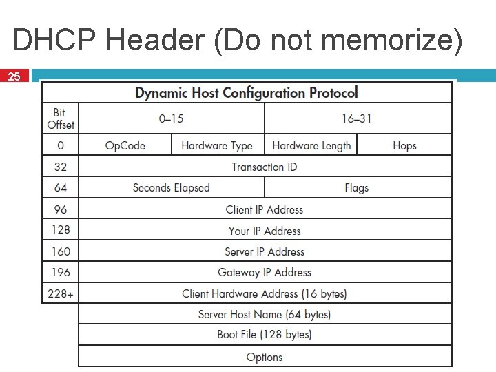 DHCP Header (Do not memorize) 25 