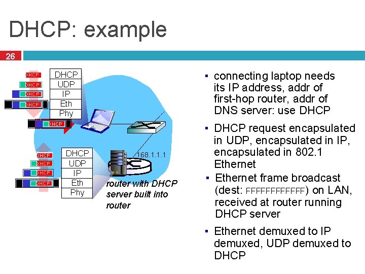 DHCP: example 26 ▪ connecting laptop needs its IP address, addr of first-hop router,