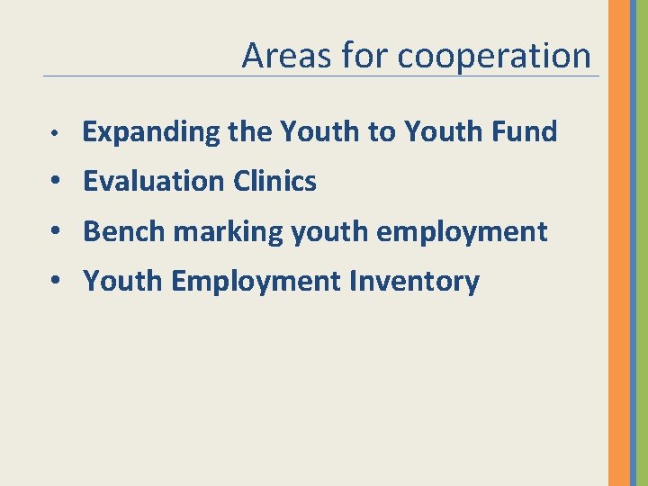 Areas for cooperation • Expanding the Youth to Youth Fund • Evaluation Clinics •