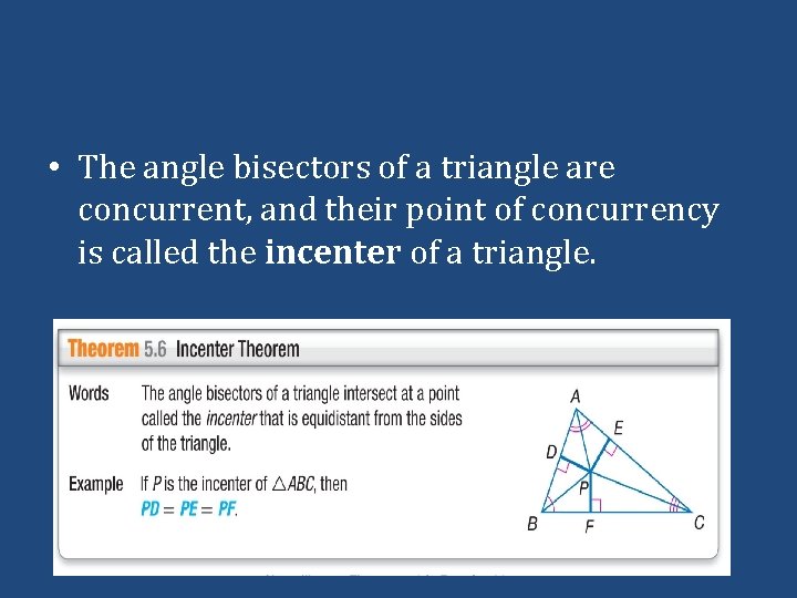  • The angle bisectors of a triangle are concurrent, and their point of