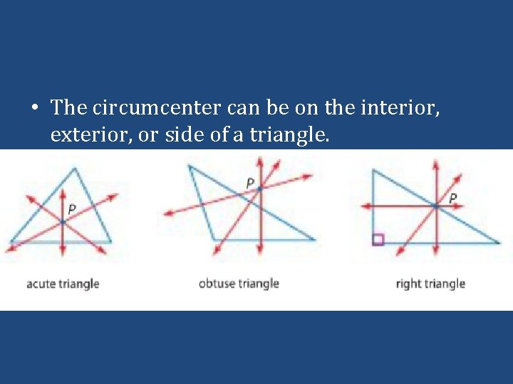  • The circumcenter can be on the interior, exterior, or side of a