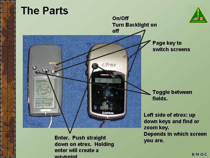 The Parts On/Off Turn Backlight on off Page key to switch screens Toggle between