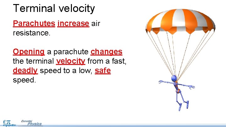 Terminal velocity Parachutes increase air resistance. Opening a parachute changes the terminal velocity from Terminal velocity Parachutes increase air resistance. Opening a parachute changes the terminal velocity from