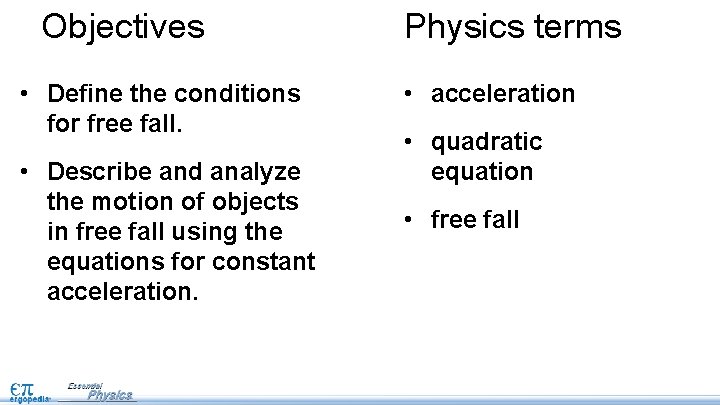 Objectives • Define the conditions for free fall. • Describe and analyze the motion Objectives • Define the conditions for free fall. • Describe and analyze the motion
