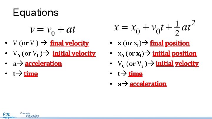 Equations • • V (or Vf) final velocity V 0 (or Vi ) initial Equations • • V (or Vf) final velocity V 0 (or Vi ) initial