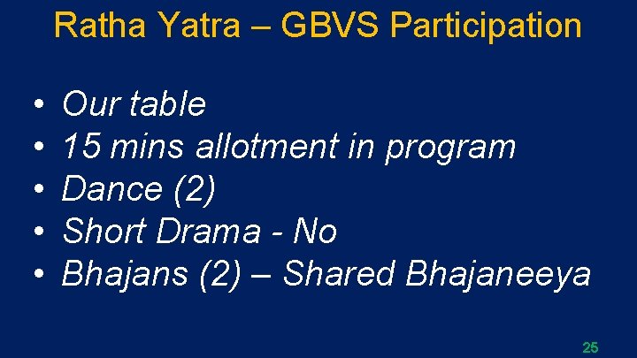 Ratha Yatra – GBVS Participation • • • Our table 15 mins allotment in