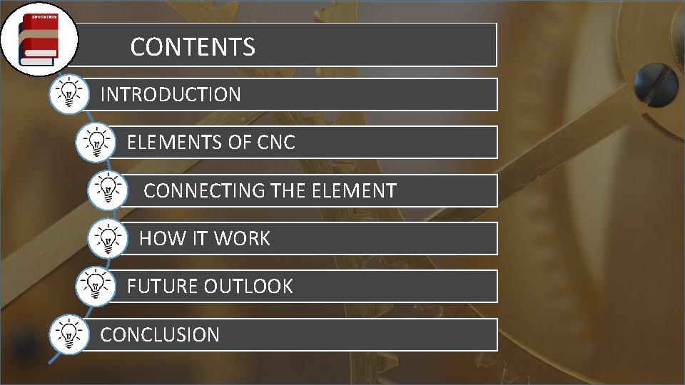 CONTENTS INTRODUCTION ELEMENTS OF CNC CONNECTING THE ELEMENT HOW IT WORK FUTURE OUTLOOK CONCLUSION