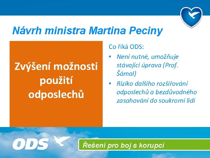 Návrh ministra Martina Peciny Zvýšení možnosti použití odposlechů Co říká ODS: • Není nutné,