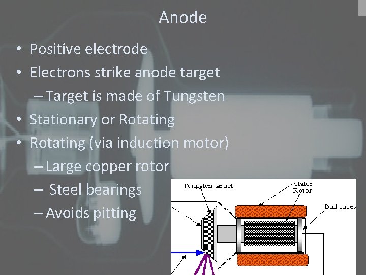 Anode • Positive electrode • Electrons strike anode target – Target is made of