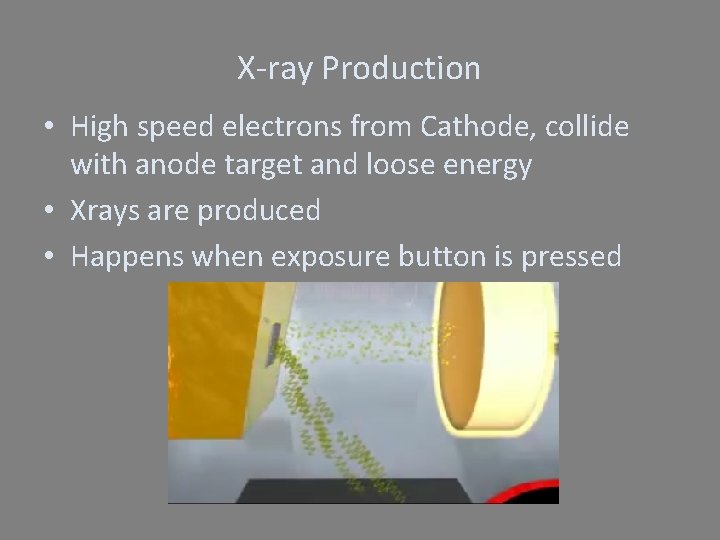 X-ray Production • High speed electrons from Cathode, collide with anode target and loose