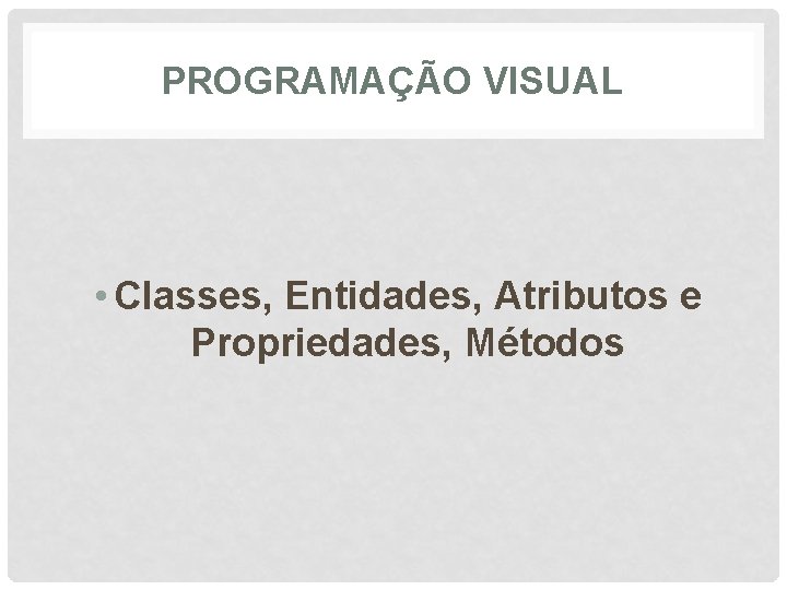 PROGRAMAÇÃO VISUAL • Classes, Entidades, Atributos e Propriedades, Métodos 