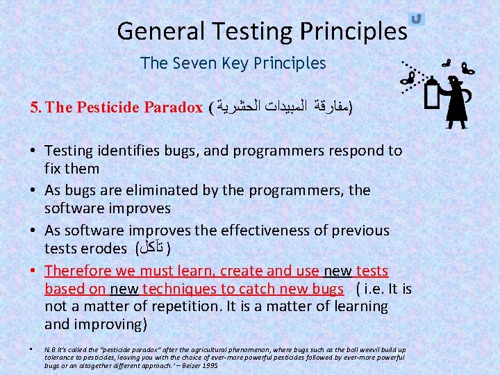 General Testing Principles The Seven Key Principles 5. The Pesticide Paradox ( )ﻣﻔﺎﺭﻗﺔ ﺍﻟﻤﺒﻴﺪﺍﺕ