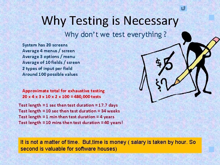 Why Testing is Necessary Why don’t we test everything ? System has 20 screens