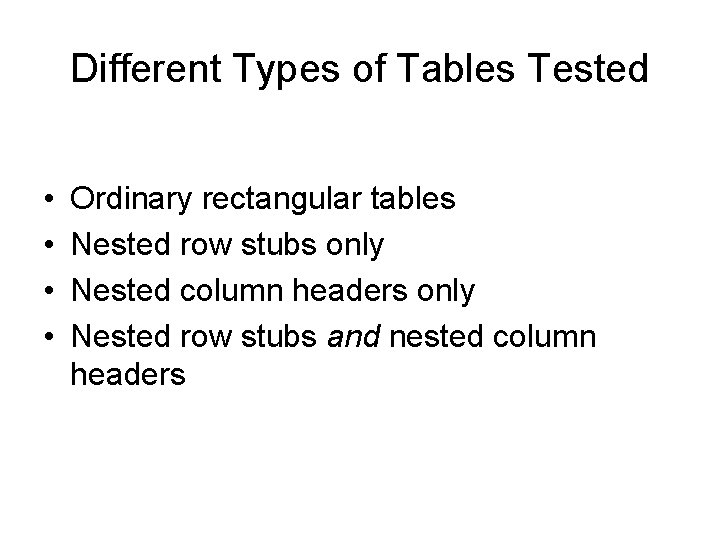 Different Types of Tables Tested • • Ordinary rectangular tables Nested row stubs only Different Types of Tables Tested • • Ordinary rectangular tables Nested row stubs only
