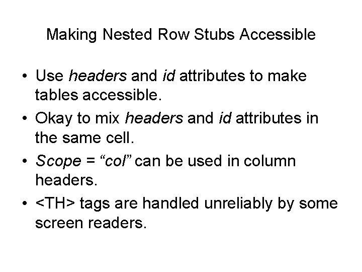 Making Nested Row Stubs Accessible • Use headers and id attributes to make tables Making Nested Row Stubs Accessible • Use headers and id attributes to make tables