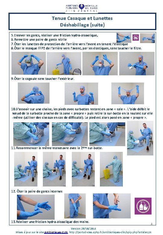 Tenue Casaque et Lunettes Déshabillage (suite) 5. Enlever les gants, réaliser une friction hydro-alcoolique,