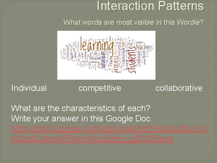 Interaction Patterns What words are most visible in this Wordle? Individual competitive collaborative What