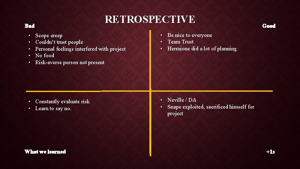 RETROSPECTIVE Bad • • • Scope creep Couldn’t trust people Personal feelings interfered with